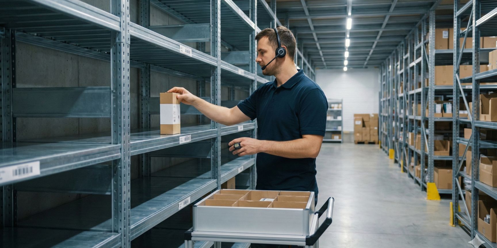 Ein Lagerarbeiter in einem Fachbodenregallager führt eine manuelle Einzelstückkommissionierung (Pick-by-Piece) durch, unterstützt von einem Pick-by-Voice Headset und einem Fingerscanner für effizientes Arbeiten.